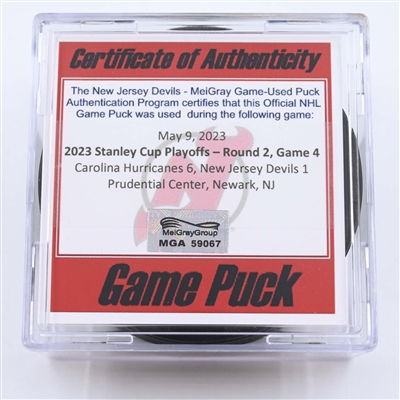 New Jersey Devils - Game Puck - May 9, 2023 vs. Carolina Hurricanes - 2023 Stanley Cup Playoffs - Round 2, Game 4 (Devils' 40th Anniversary Logo) 