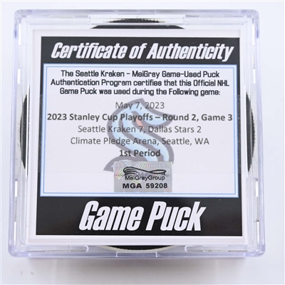 Seattle Kraken - Game Puck - May 7, 2023 vs. Dallas Stars - 2023 Stanley Cup Playoffs - Round 2, Game 3 - 1st Period (Kraken Logo)