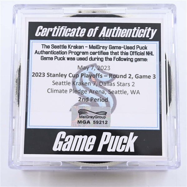 Seattle Kraken - Game Puck - May 7, 2023 vs. Dallas Stars - 2023 Stanley Cup Playoffs - Round 2, Game 3 - 2nd Period (Kraken Logo)
