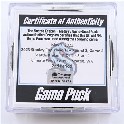 Seattle Kraken - Game Puck - May 7, 2023 vs. Dallas Stars - 2023 Stanley Cup Playoffs - Round 2, Game 3 - 2nd Period (Kraken Logo)
