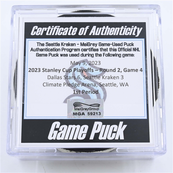 Seattle Kraken - Game Puck - May 9, 2023 vs. Dallas Stars - 2023 Stanley Cup Playoffs - Round 2, Game 4 - 1st Period (Kraken Logo)