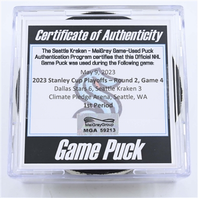 Seattle Kraken - Game Puck - May 9, 2023 vs. Dallas Stars - 2023 Stanley Cup Playoffs - Round 2, Game 4 - 1st Period (Kraken Logo)