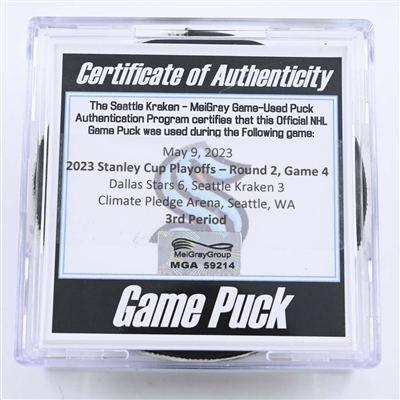 Seattle Kraken - Game Puck - May 9, 2023 vs. Dallas Stars - 2023 Stanley Cup Playoffs - Round 2, Game 4 - 3rd Period (Kraken Logo)