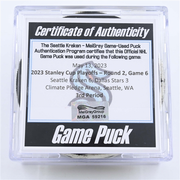 Seattle Kraken - Game Puck - May 13, 2023 vs. Dallas Stars - 2023 Stanley Cup Playoffs - Round 2, Game 6 - 3rd Period (Kraken Logo)