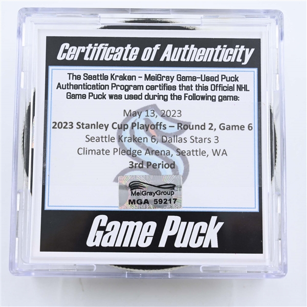 Seattle Kraken - Game Puck - May 13, 2023 vs. Dallas Stars - 2023 Stanley Cup Playoffs - Round 2, Game 6 - 3rd Period (Kraken Logo)