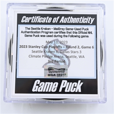 Seattle Kraken - Game Puck - May 13, 2023 vs. Dallas Stars - 2023 Stanley Cup Playoffs - Round 2, Game 6 - 3rd Period (Kraken Logo)