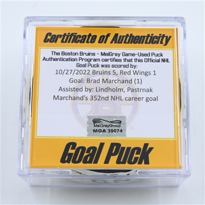 Brad Marchand - Boston Bruins - Goal Puck - October 27, 2022 vs. Detroit Red Wings (Bruins Logo)  - 2022-23 NHL Season