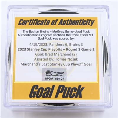Brad Marchand - Boston Bruins - Goal Puck - April 19, 2023 vs. Florida Panthers - 2023 Stanley Cup Playoffs - Round 1, Game 2 (Bruins Logo)