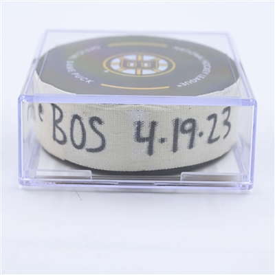 Brad Marchand - Boston Bruins - Goal Puck - April 19, 2023 vs. Florida Panthers - 2023 Stanley Cup Playoffs - Round 1, Game 2 (Bruins Logo)