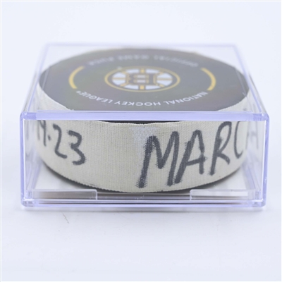Brad Marchand - Boston Bruins - Goal Puck - April 19, 2023 vs. Florida Panthers - 2023 Stanley Cup Playoffs - Round 1, Game 2 (Bruins Logo)