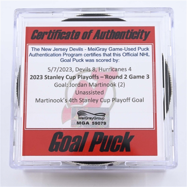 Jordan Martinook - Carolina Hurricanes - Goal Puck - May 7, 2023 vs. New Jersey Devils - 2023 Stanley Cup Playoffs - Round 2, Game 3 (Devils 40th Anniversary Logo) 