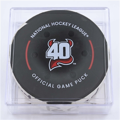 Jordan Martinook - Carolina Hurricanes - Goal Puck - May 7, 2023 vs. New Jersey Devils - 2023 Stanley Cup Playoffs - Round 2, Game 3 (Devils' 40th Anniversary Logo) 
