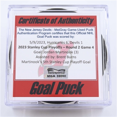 Jordan Martinook - Carolina Hurricanes - Goal Puck - May 9, 2023 vs. New Jersey Devils - 2023 Stanley Cup Playoffs - Round 2, Game 4 (Devils' 40th Anniversary Logo) 