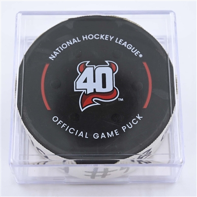 Jordan Martinook - Carolina Hurricanes - Goal Puck - May 9, 2023 vs. New Jersey Devils - 2023 Stanley Cup Playoffs - Round 2, Game 4 (Devils' 40th Anniversary Logo) 