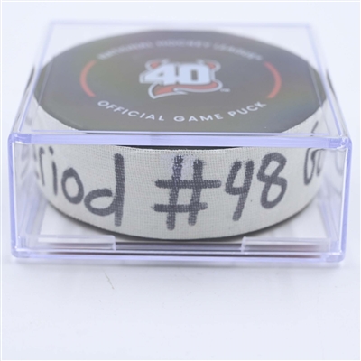 Jordan Martinook - Carolina Hurricanes - Goal Puck - May 9, 2023 vs. New Jersey Devils - 2023 Stanley Cup Playoffs - Round 2, Game 4 (Devils' 40th Anniversary Logo) 
