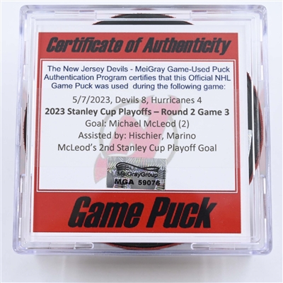 Michael McLeod - New Jersey Devils - Goal Puck - May 7, 2023 vs. Carolina Hurricanes - 2023 Stanley Cup Playoffs - Round 2, Game 3 (Devils' 40th Anniversary Logo) 