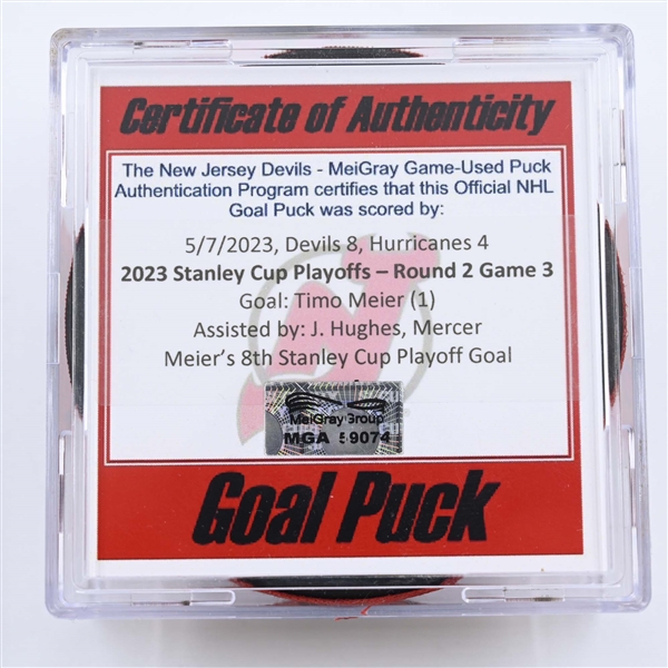 Timo Meier - New Jersey Devils - Goal Puck - May 7, 2023 vs. Carolina Hurricanes - 2023 Stanley Cup Playoffs - Round 2, Game 3 (Devils 40th Anniversary Logo) 