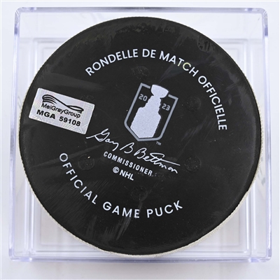 Brandon Montour - Florida Panthers - Goal Puck - April 19, 2023 vs. Boston Bruins - 2023 Stanley Cup Playoffs - Round 1, Game 2 (Bruins Logo)