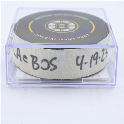Brandon Montour - Florida Panthers - Goal Puck - April 19, 2023 vs. Boston Bruins - 2023 Stanley Cup Playoffs - Round 1, Game 2 (Bruins Logo)