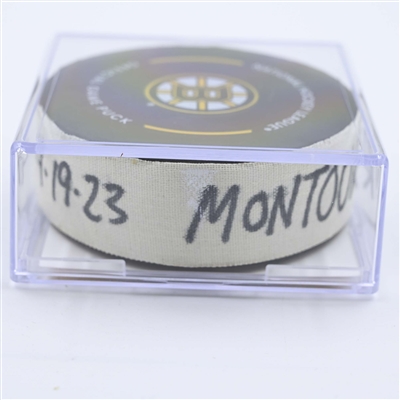 Brandon Montour - Florida Panthers - Goal Puck - April 19, 2023 vs. Boston Bruins - 2023 Stanley Cup Playoffs - Round 1, Game 2 (Bruins Logo)