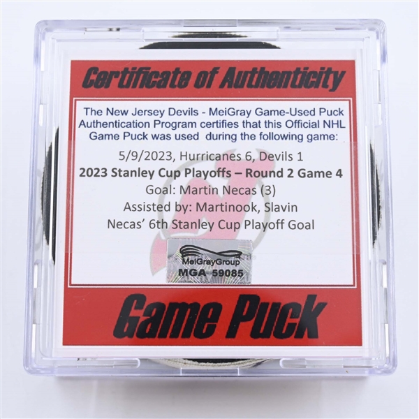 Martin Necas - Carolina Hurricanes - Goal Puck - May 9, 2023 vs. New Jersey Devils - 2023 Stanley Cup Playoffs - Round 2, Game 4 (Devils 40th Anniversary Logo) 