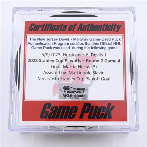 Martin Necas - Carolina Hurricanes - Goal Puck - May 9, 2023 vs. New Jersey Devils - 2023 Stanley Cup Playoffs - Round 2, Game 4 (Devils 40th Anniversary Logo) 