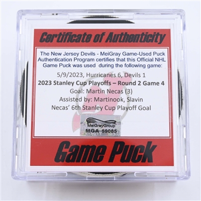 Martin Necas - Carolina Hurricanes - Goal Puck - May 9, 2023 vs. New Jersey Devils - 2023 Stanley Cup Playoffs - Round 2, Game 4 (Devils' 40th Anniversary Logo) 