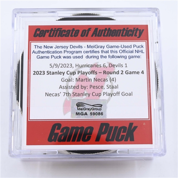 Martin Necas - Carolina Hurricanes - Goal Puck - May 9, 2023 vs. New Jersey Devils - 2023 Stanley Cup Playoffs - Round 2, Game 4 (Devils 40th Anniversary Logo) 