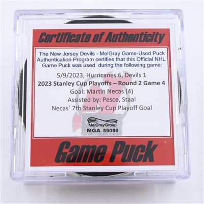 Martin Necas - Carolina Hurricanes - Goal Puck - May 9, 2023 vs. New Jersey Devils - 2023 Stanley Cup Playoffs - Round 2, Game 4 (Devils' 40th Anniversary Logo) 