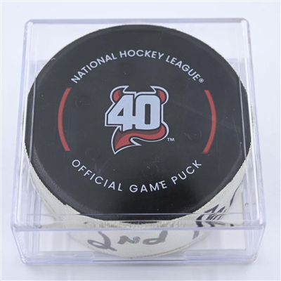 Brock Nelson - New York Islanders - Goal Puck - December 9, 2022 vs. New Jersey Devils (Devils' 40th Anniversary Logo) 
