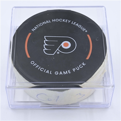 Alex Newhook - Colorado Avalanche - Goal Puck - December 5, 2022 vs. Philadelphia Flyers (Flyers Logo) 