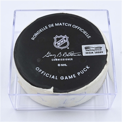 Alex Newhook - Colorado Avalanche - Goal Puck - December 5, 2022 vs. Philadelphia Flyers (Flyers Logo) 