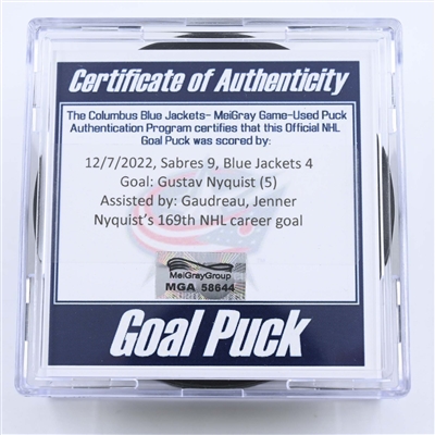 Gustav Nyquist - Columbus Blue Jackets - Goal Puck - December 7, 2022 vs. Buffalo Sabres (Blue Jackets Logo) 