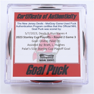 Ondrej Palat - New Jersey Devils - Goal Puck - May 7, 2023 vs. Carolina Hurricanes - 2023 Stanley Cup Playoffs - Round 2, Game 3 (Devils 40th Anniversary Logo) 