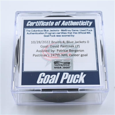 David Pastrnak - Boston Bruins - Goal Puck - October 28, 2022 vs. Columbus Blue Jackets (Blue Jackets Logo)  - 2022-23 NHL Season