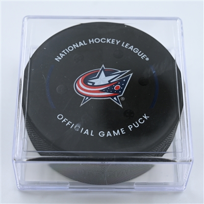 David Pastrnak - Boston Bruins - Goal Puck - October 28, 2022 vs. Columbus Blue Jackets (Blue Jackets Logo)  - 2022-23 NHL Season