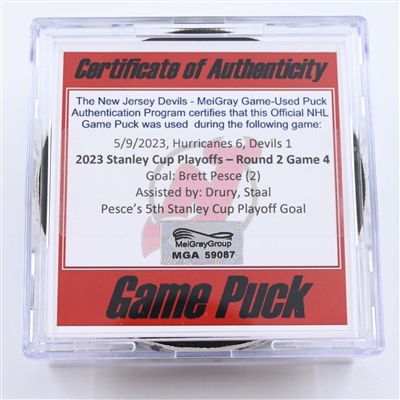 Brett Pesce - Carolina Hurricanes - Goal Puck - May 9, 2023 vs. New Jersey Devils - 2023 Stanley Cup Playoffs - Round 2, Game 4 (Devils' 40th Anniversary Logo) 