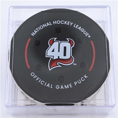 Brett Pesce - Carolina Hurricanes - Goal Puck - May 9, 2023 vs. New Jersey Devils - 2023 Stanley Cup Playoffs - Round 2, Game 4 (Devils' 40th Anniversary Logo) 