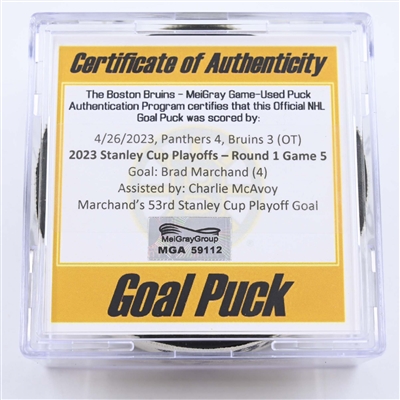 Brad Marchand - Boston Bruins - Goal Puck - April 26, 2023 vs. Florida Panthers - 2023 Stanley Cup Playoffs - Round 1, Game 5 (Bruins Logo) 