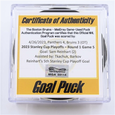 Sam Reinhart - Florida Panthers - Goal Puck - April 26, 2023 vs. Boston Bruins - 2023 Stanley Cup Playoffs - Round 1, Game 5 (Bruins Logo) 