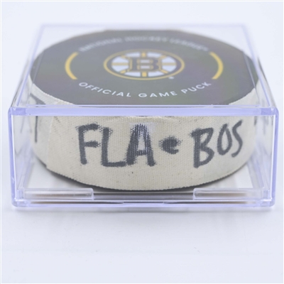 Sam Reinhart - Florida Panthers - Goal Puck - April 26, 2023 vs. Boston Bruins - 2023 Stanley Cup Playoffs - Round 1, Game 5 (Bruins Logo) 