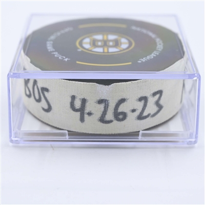Sam Reinhart - Florida Panthers - Goal Puck - April 26, 2023 vs. Boston Bruins - 2023 Stanley Cup Playoffs - Round 1, Game 5 (Bruins Logo) 