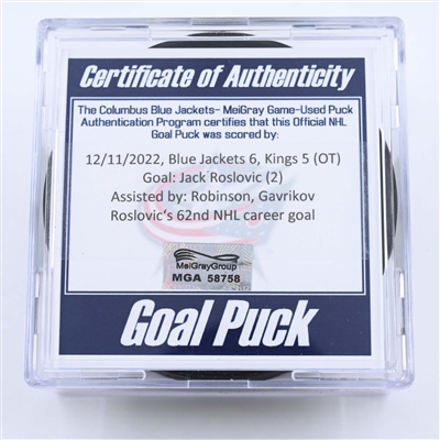 Jack Roslovic - Columbus Blue Jackets - Goal Puck - December 11, 2022 vs. Los Angeles Kings (Blue Jackets Logo) 