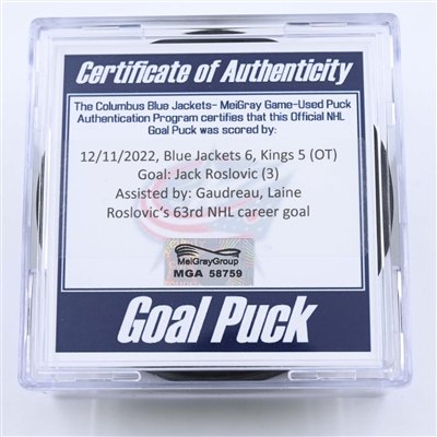 Jack Roslovic - Columbus Blue Jackets - Goal Puck - December 11, 2022 vs. Los Angeles Kings (Blue Jackets Logo) 