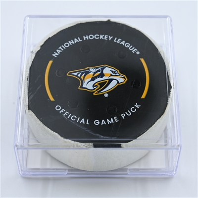 Brayden Schenn - St. Louis Blues - Goal Puck - October 27, 2022 vs. Nashville Predators (Predators Logo)  - 2022-23 NHL Season