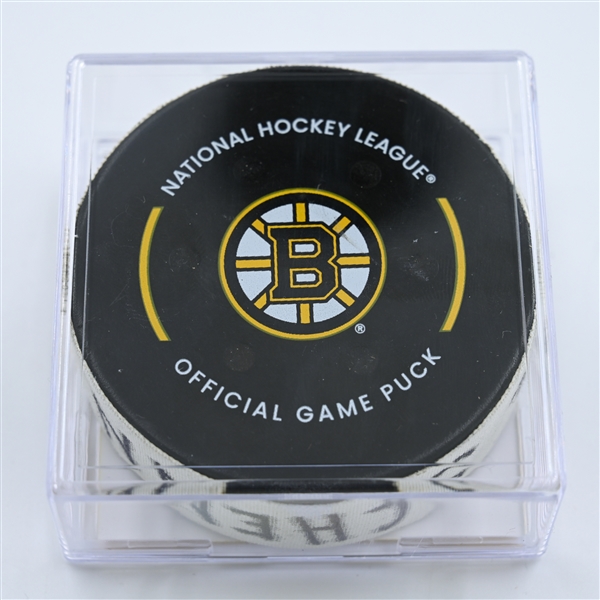 Brayden Schenn - St. Louis Blues - Goal Puck - November 7, 2022 vs. Boston Bruins (Bruins Logo)  - 2022-23 NHL Season