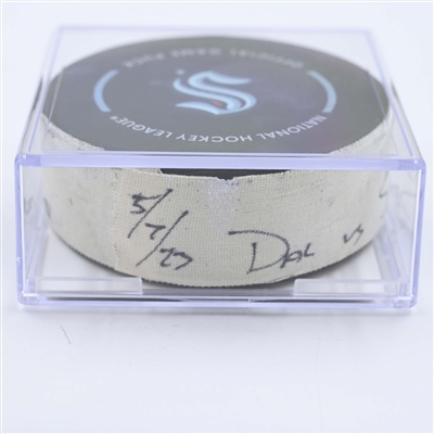 Justin Schultz - Seattle Kraken - Goal Puck - May 7, 2023 vs. Dallas Stars - 2023 Stanley Cup Playoffs - Round 2, Game 3 (Kraken Logo) 