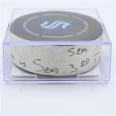 Justin Schultz - Seattle Kraken - Goal Puck - May 7, 2023 vs. Dallas Stars - 2023 Stanley Cup Playoffs - Round 2, Game 3 (Kraken Logo) 