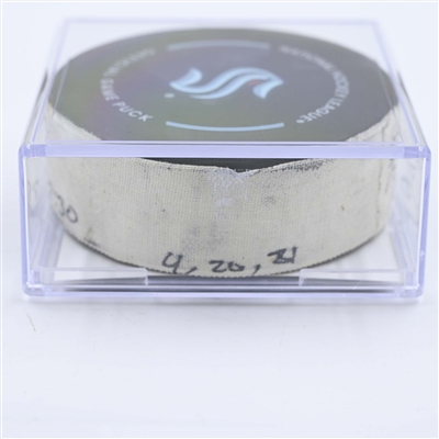 Justin Schultz - Seattle Kraken - Goal Puck - May 7, 2023 vs. Dallas Stars - 2023 Stanley Cup Playoffs - Round 2, Game 3 (Kraken Logo) 