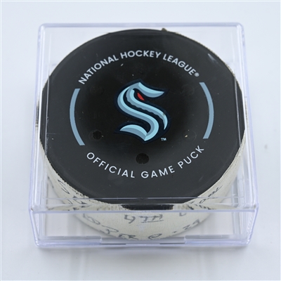 Jaden Schwartz - Seattle Kraken - Goal Puck - October 27, 2022 vs. Vancouver Canucks (Kraken Logo)  - 2022-23 NHL Season